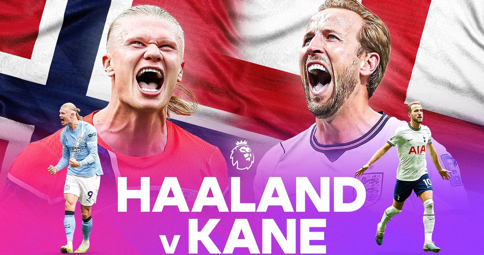 Haaland y Kane enfrentados con banderas de fondo