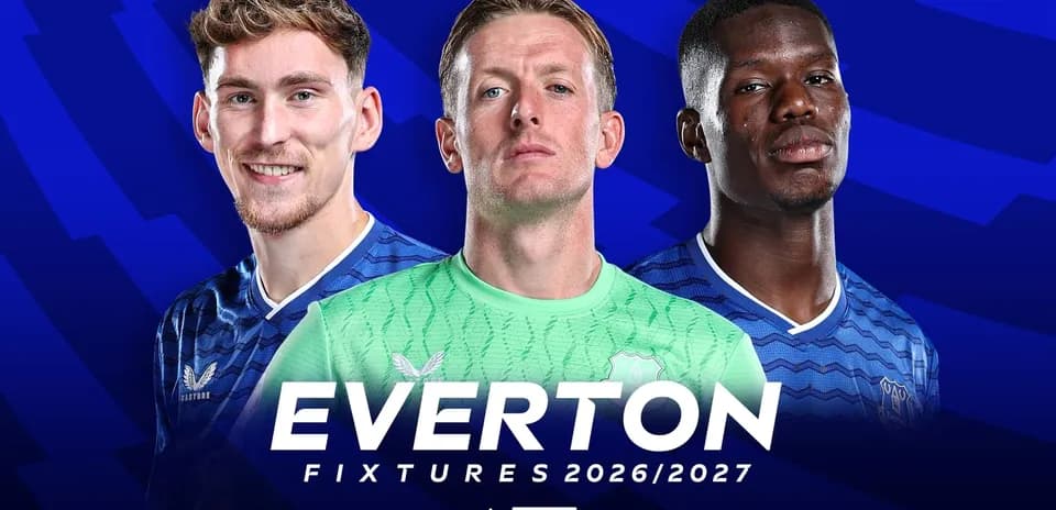 Jugadores de Everton con fondo azul y texto