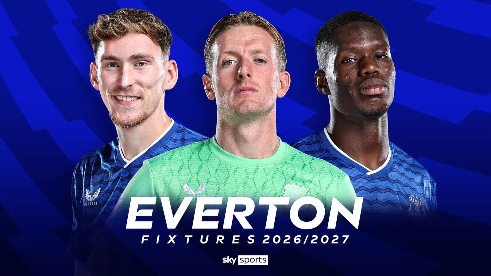 Jugadores de Everton con fondo azul y texto