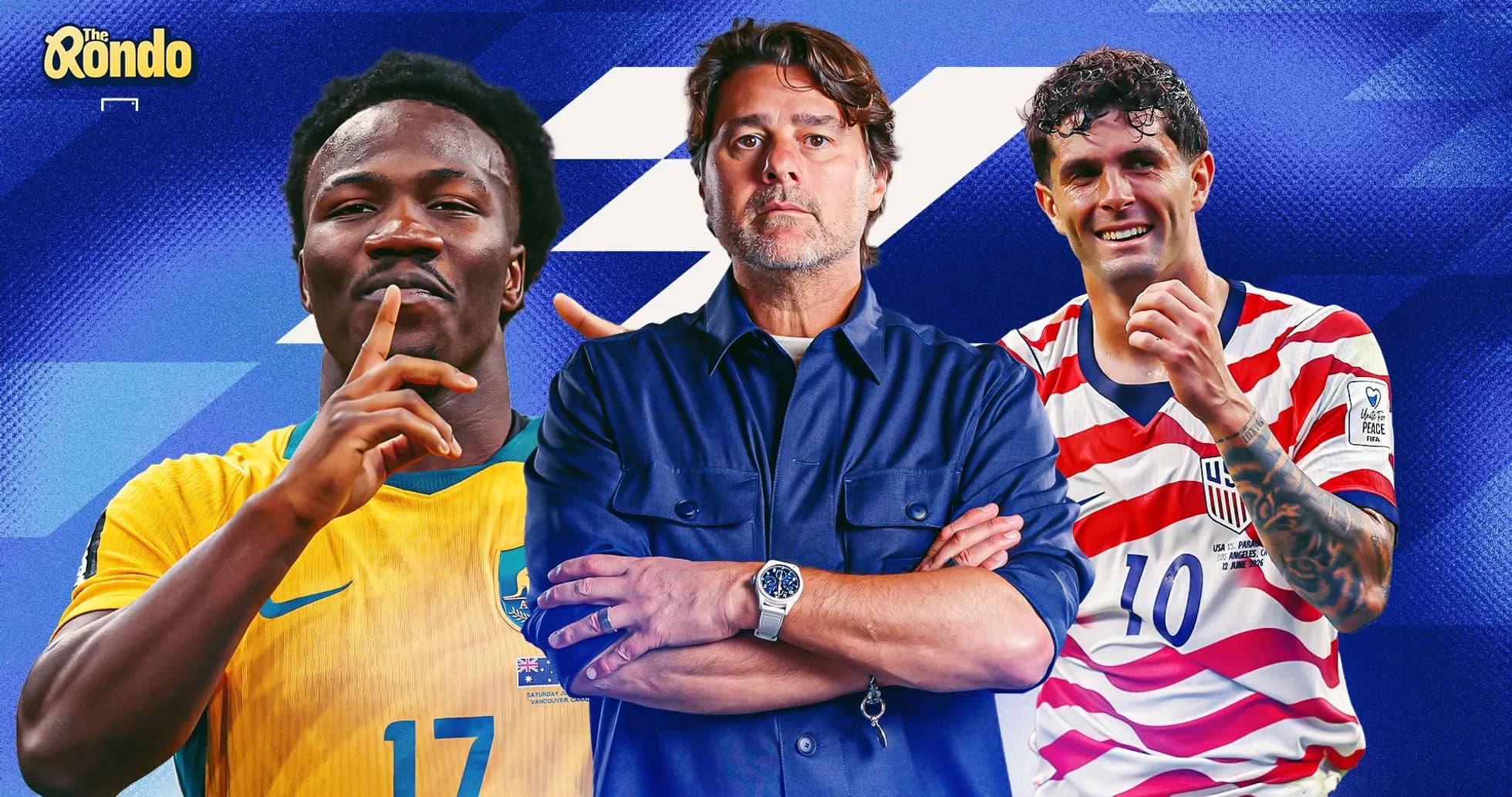 Jugadores y entrenador en un fondo colorido