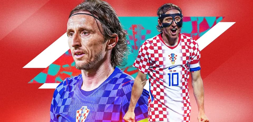 Luka Modrić en uniforme croata con fondo rojo
