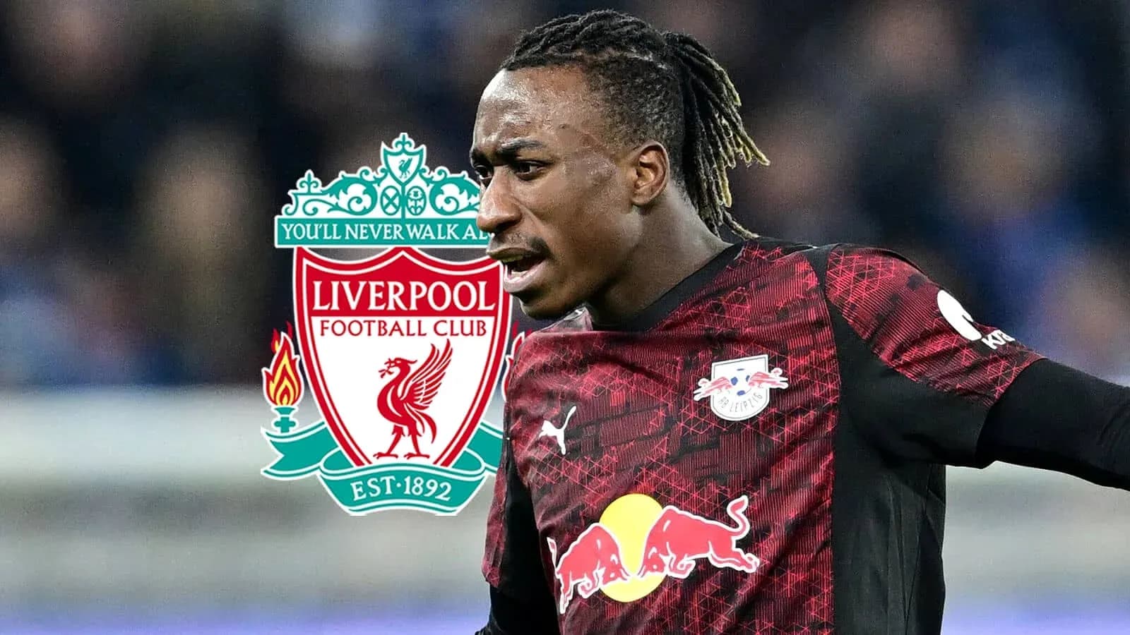 Jugador de RB Leipzig con logos de Liverpool