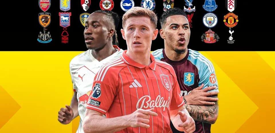 Tres jugadores de fútbol en primer plano con escudos de equipos