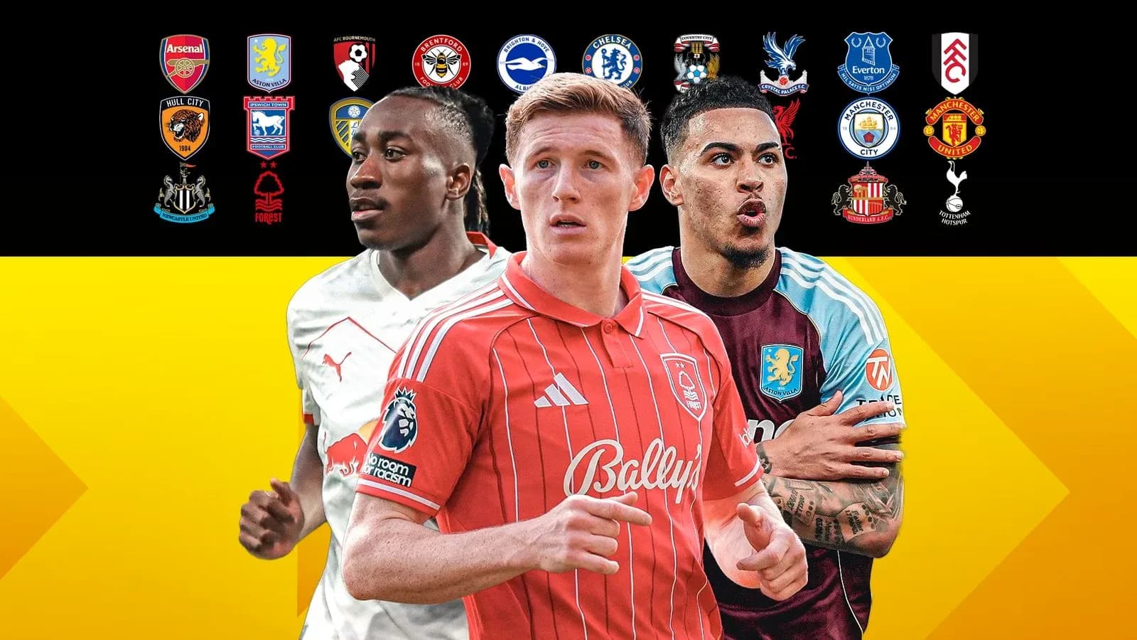 Tres jugadores de fútbol en primer plano con escudos de equipos
