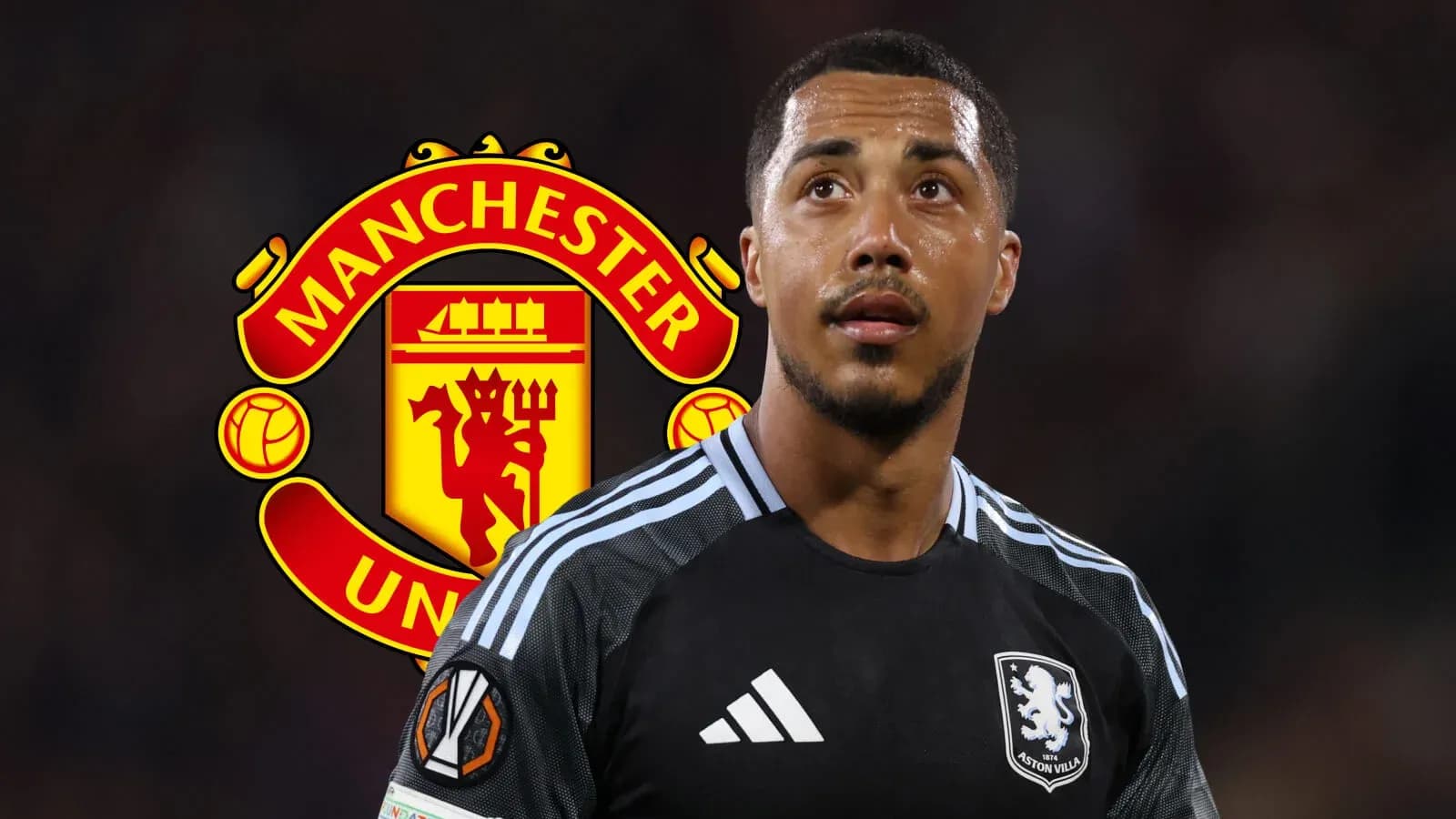 Jugador de Aston Villa con fondo de Manchester United
