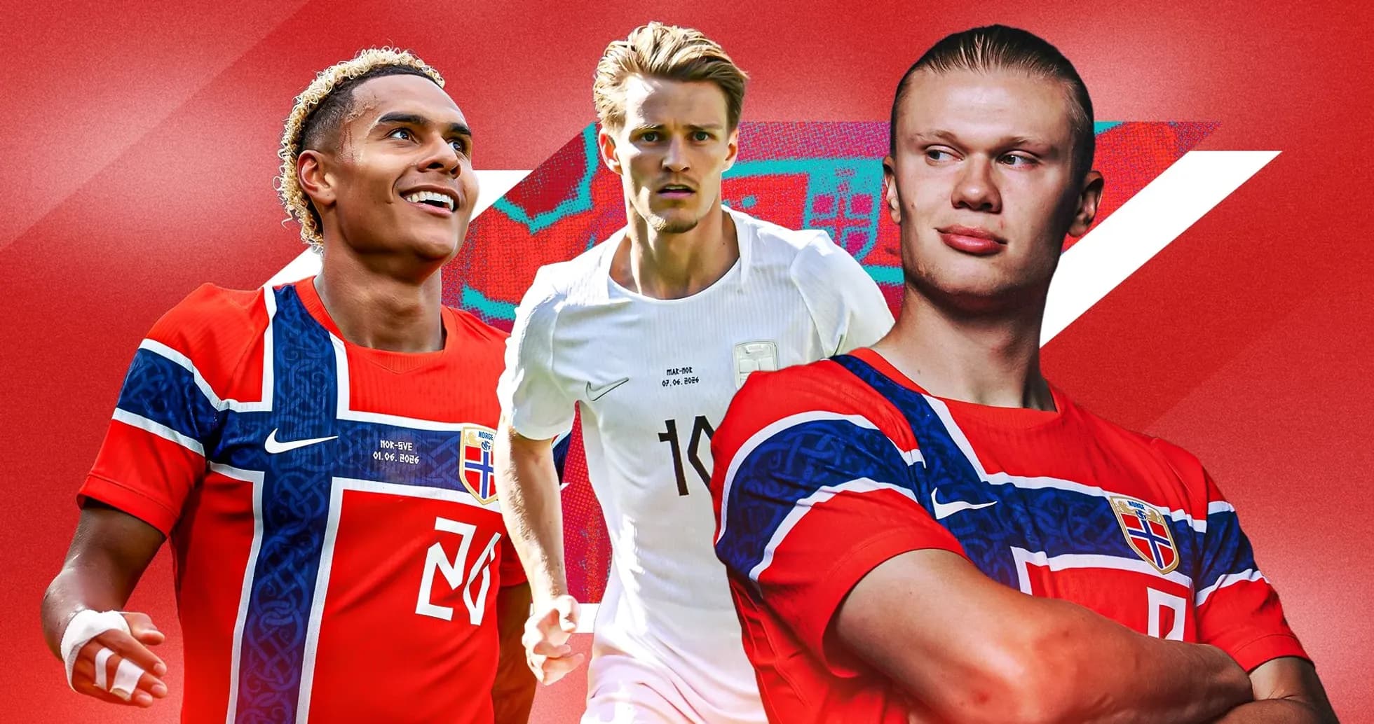 Tres jugadores de fútbol noruegos en uniforme
