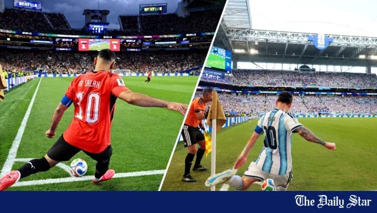 Salah y Messi realizando tiros de esquina en partidos
