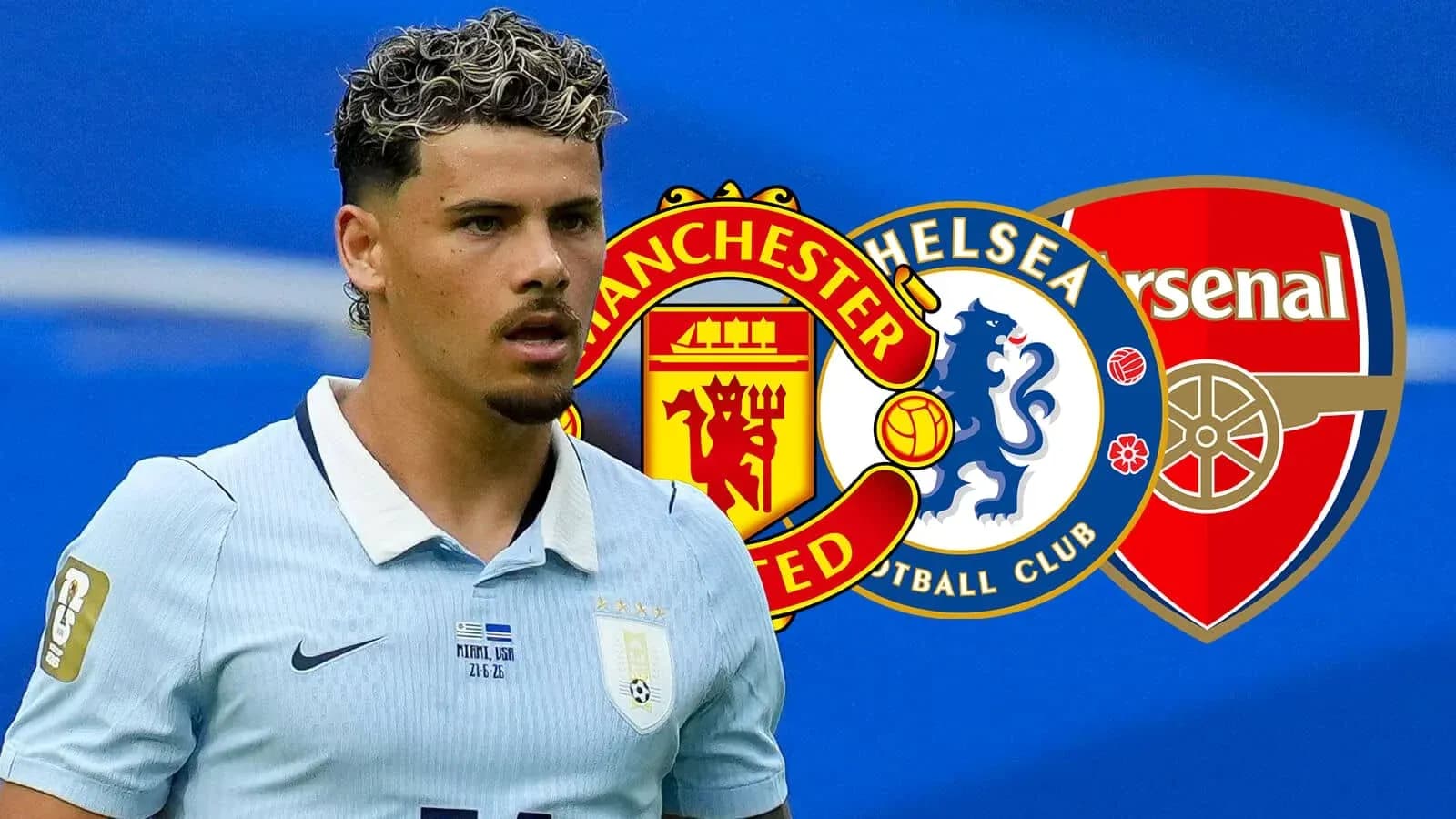 Jugador con camiseta de Uruguay frente a logotipos de clubes