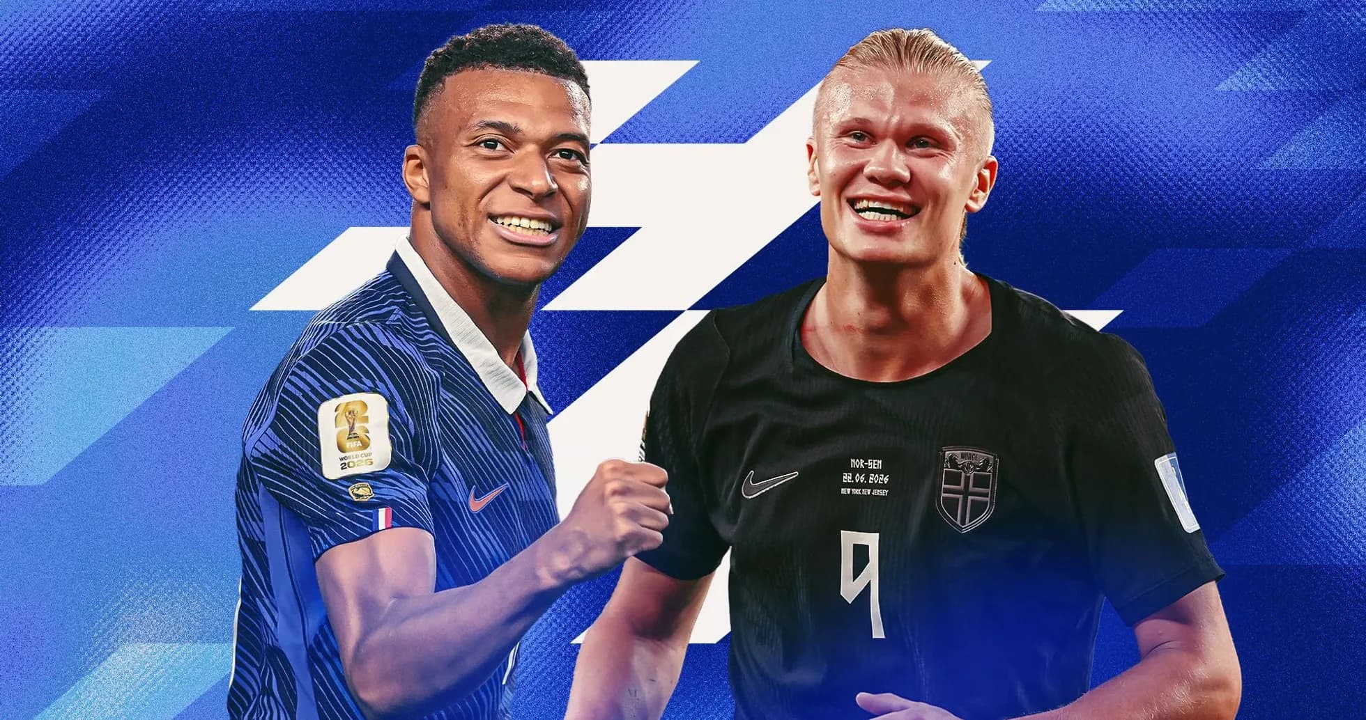 Kylian Mbappé y Erling Haaland posando sonrientes