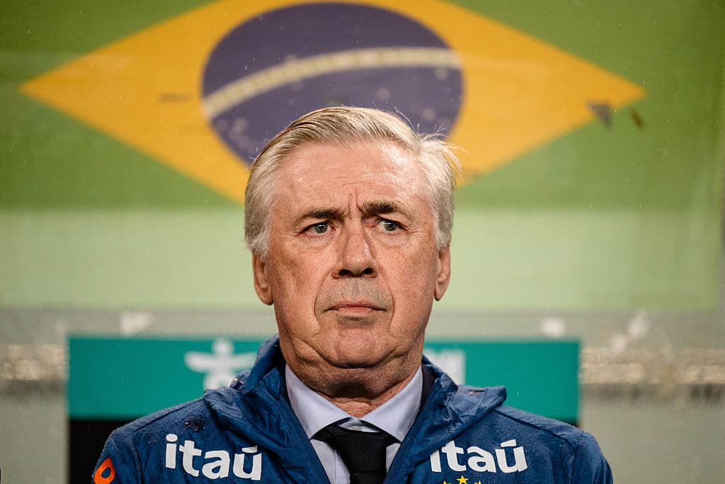 Entrenador con bandera de Brasil de fondo