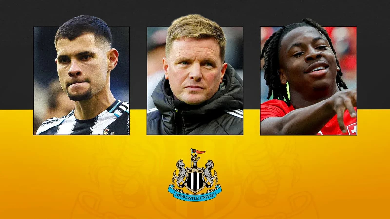 Tres imágenes de jugadores y entrenador de Newcastle United