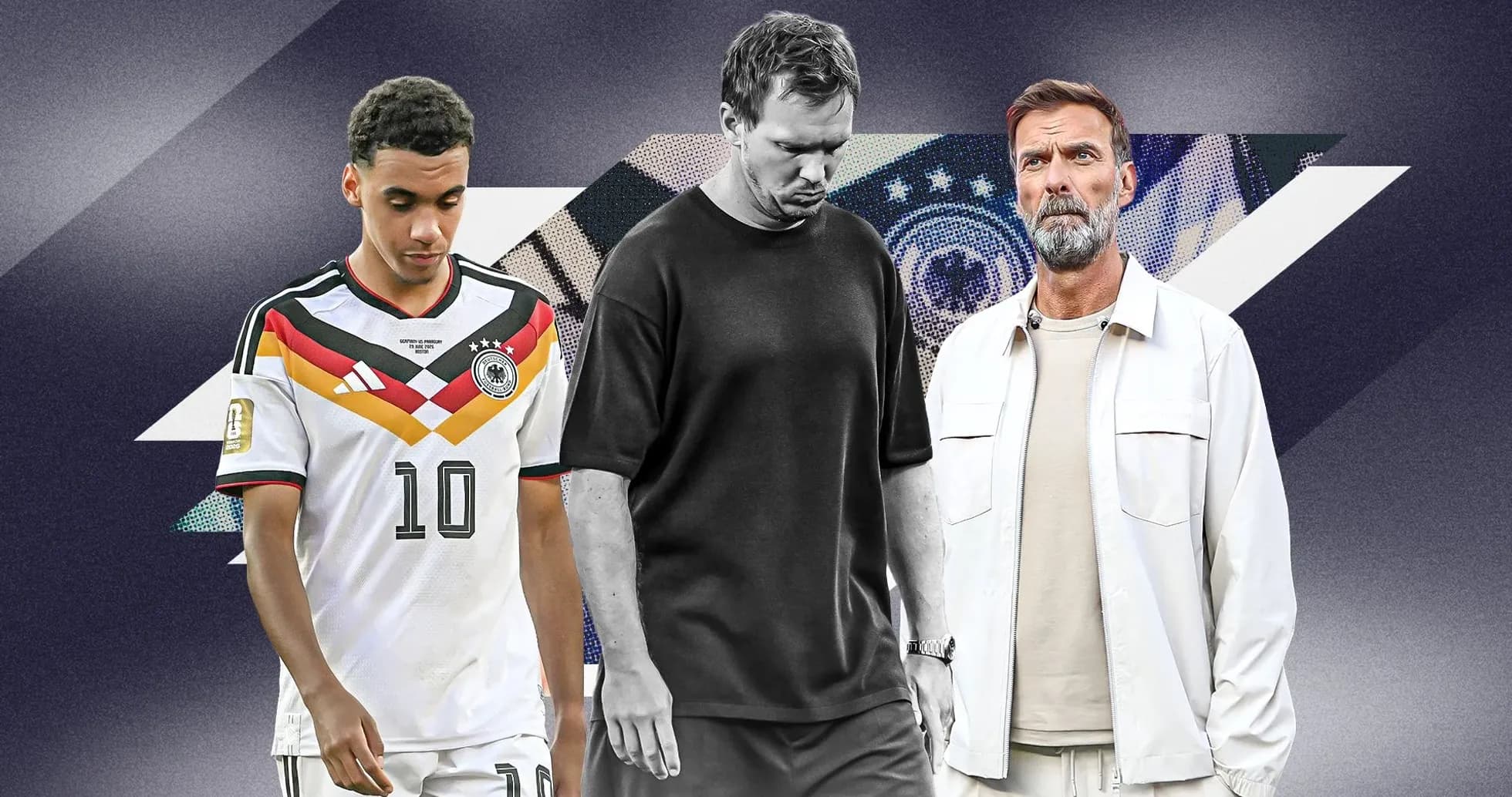 Tres personas en un fondo gráfico relacionado con fútbol