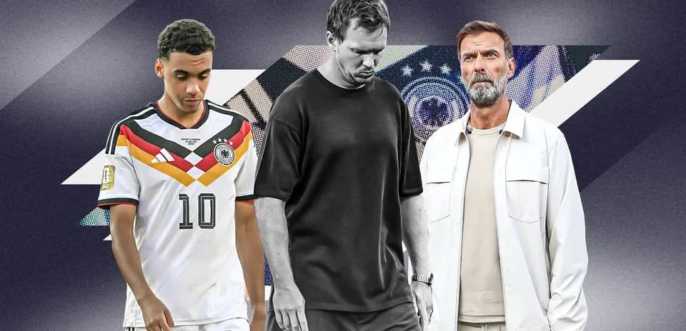 Tres personas en un fondo gráfico relacionado con fútbol