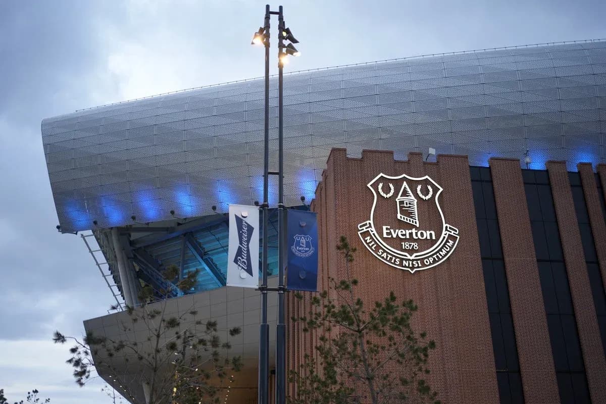 Exterior view of Everton stadium with club logo Exterior view of Everton stadium with club logo