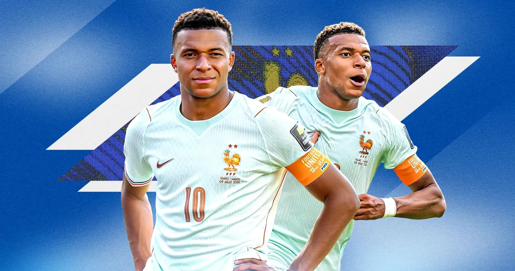 Kylian Mbappé en uniforme de Francia en fondo azul Kylian Mbappé en uniforme de Francia en fondo azul