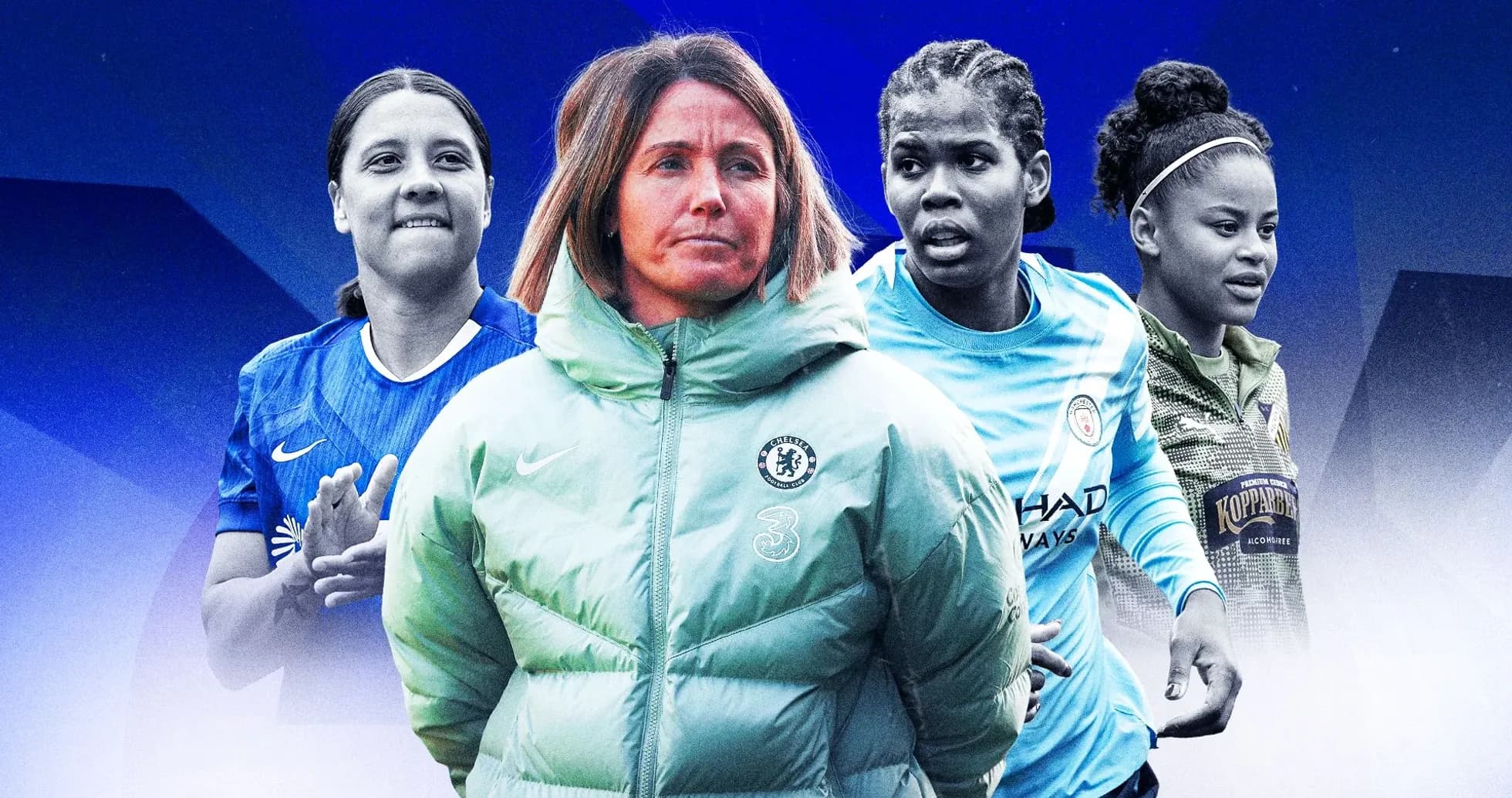 Jugadoras y entrenadora de fútbol en un fondo azul Jugadoras y entrenadora de fútbol en un fondo azul