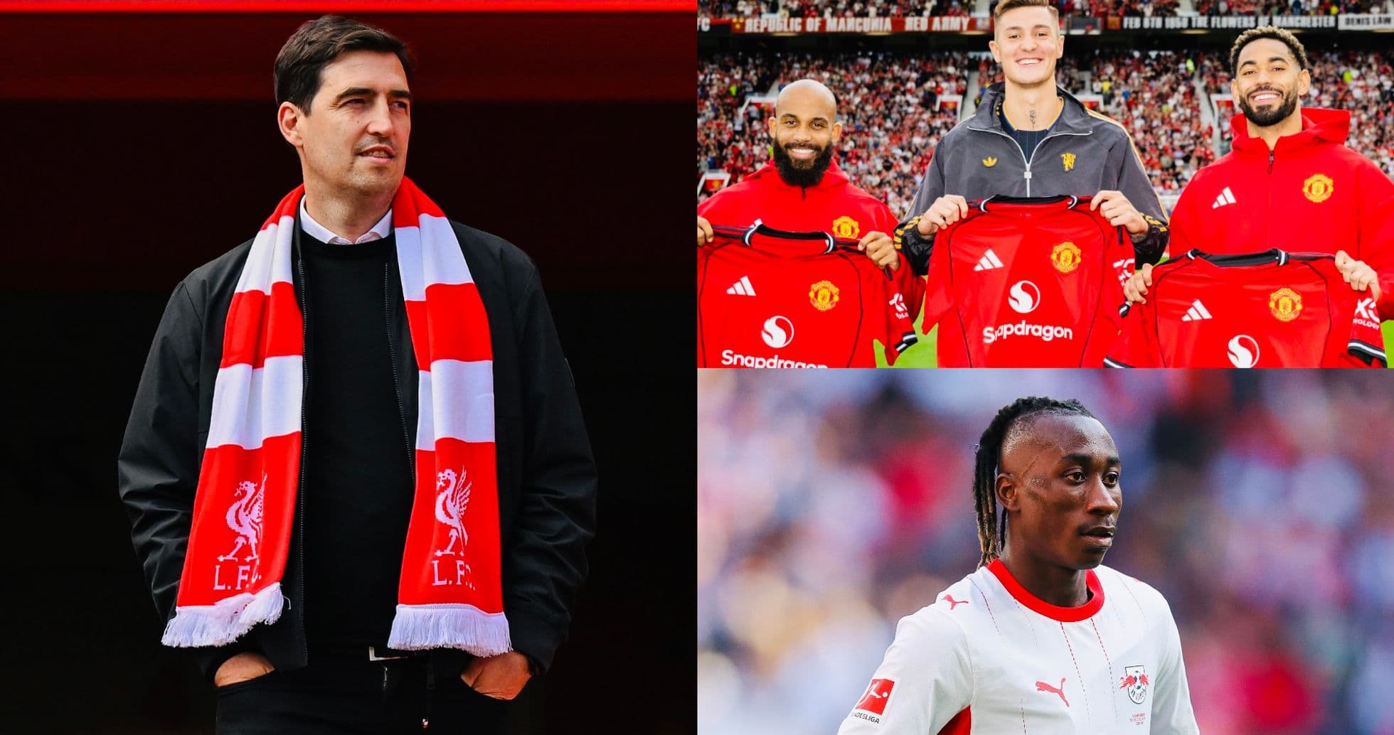Entrenador con bufanda de Liverpool y jugadores de Manchester United Entrenador con bufanda de Liverpool y jugadores de Manchester United