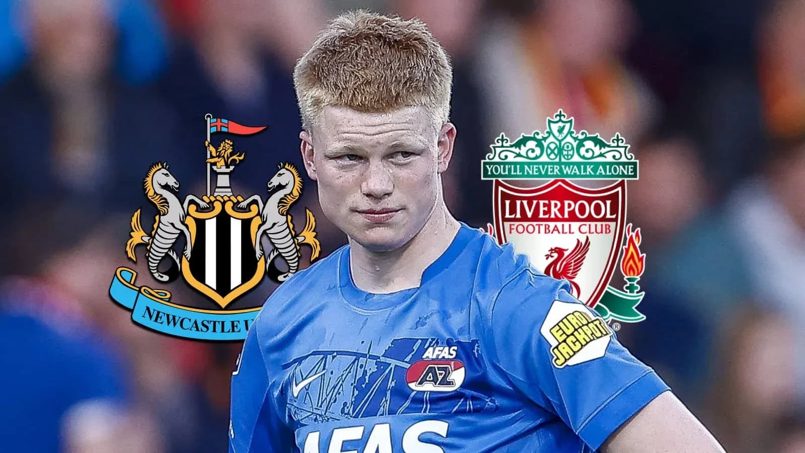 Jugador de AZ con logotipos de Newcastle y Liverpool Jugador de AZ con logotipos de Newcastle y Liverpool