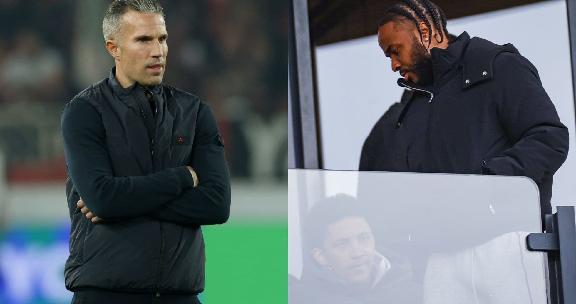 Entrenador y jugador observando el partido desde la tribuna Entrenador y jugador observando el partido desde la tribuna