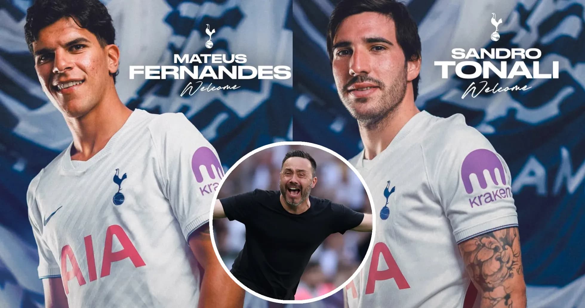 Mateus Fernandes y Sandro Tonali posando con camisetas de Tottenham Mateus Fernandes y Sandro Tonali posando con camisetas de Tottenham