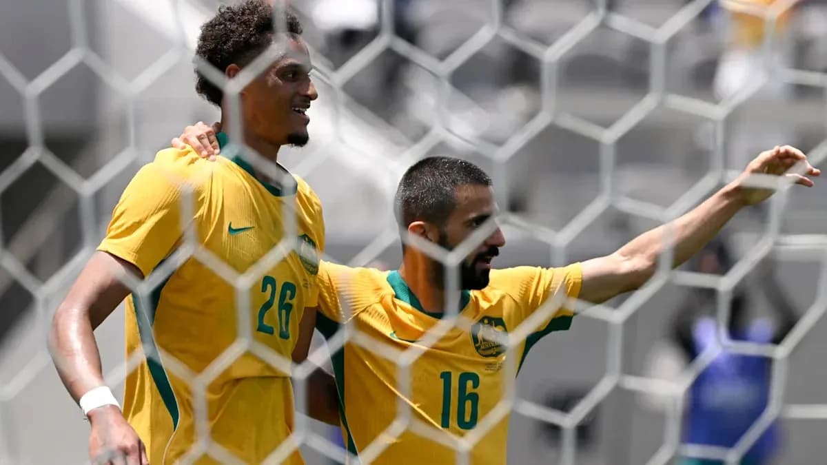 Jugadores de Australia celebrando un gol en el partido Jugadores de Australia celebrando un gol en el partido