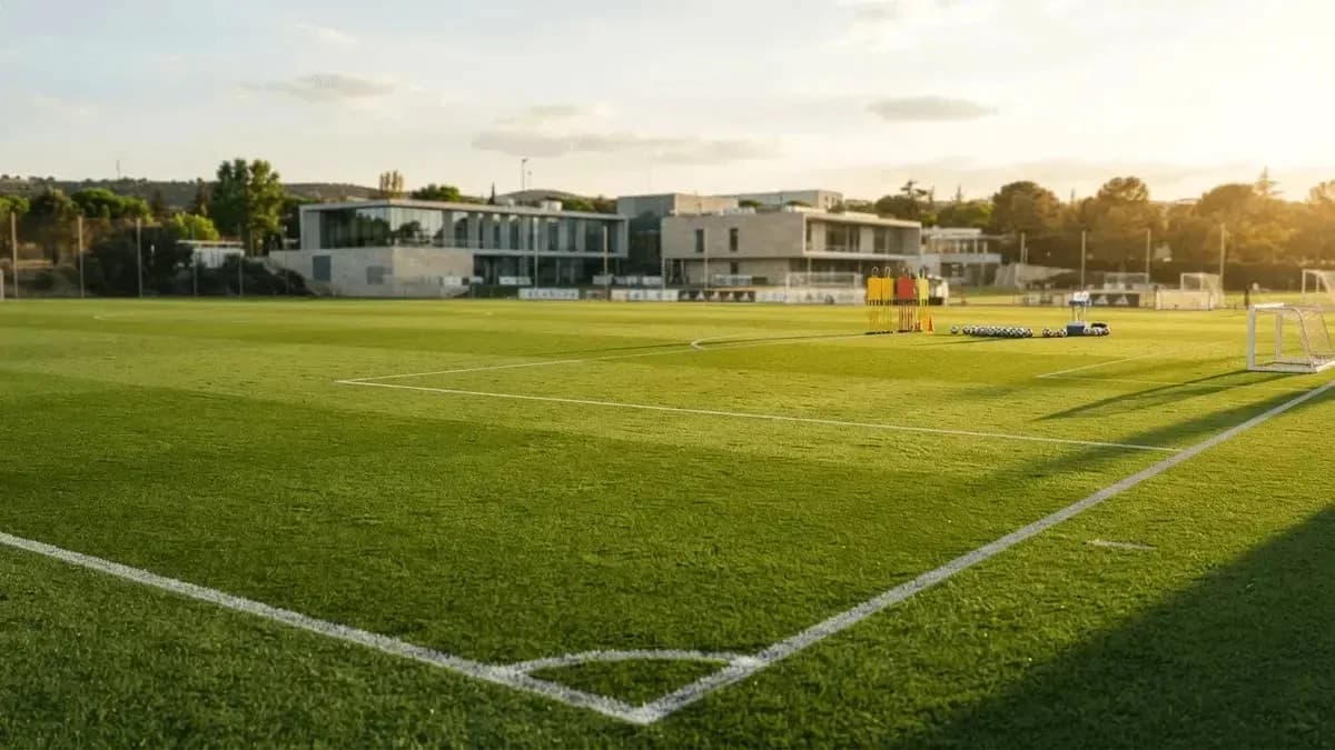 Campo de entrenamiento de fútbol con material dispuesto Campo de entrenamiento de fútbol con material dispuesto
